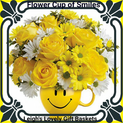 Flower Cup Of Smiles will bring cheerful greetings with Yellow Roses,
Yellow Daisies and White Daisies arranged in a 
Smiley Face reusable mug.   Same Day Delivery Service available Monday- Friday. Order before 10 am EST. 
 