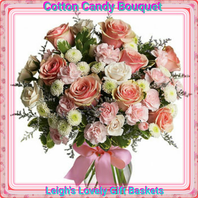 Cotton Candy Bouquet is  perfect for any occasion!  Pink and White Roses,
Mini Carnations and
 Green Poms are artfully arranged in a clear vase tied with a soft pink ribbon. Same Day Delivery Service available Monday- Friday. Order before 10 am EST. 
 
