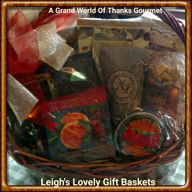 A Grand World of Thanks $74.99 Dark stain handled basket is filled to overflowing with delicious gourmet snacks. Perfect for clients, boss, fundraiser, housewarming or wedding. 