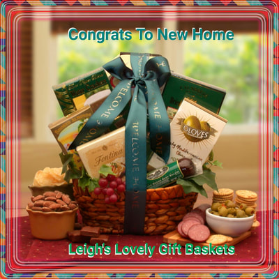 Congrats To New Home  Medium stained woven basket with dark green printed ribbon. 