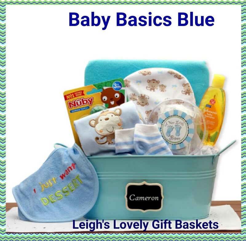 Blue painted oval storage tin has plaque that accepts hand written name to make it truly personal. Tin holds 
100% cotton baby onesie, Baby bib, baby booties, Baby beanie, Baby receiving blanket, Baby teether, Baby handprint keepsake kit, and Johnson and Johnson baby shampoo.