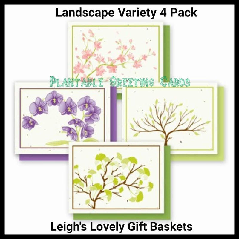 All Occasion Landscape Collection includes six designs in single variety packs of four and one multi-variety pack of four cards each in a different design. Select the All Occasion Landscape category. Landscape Variety Pack - includes one each of four single designs. 
Cherry Blossom Landscape, Tree Landscape, Ginkgo Landscape, and
Orchid Landscape