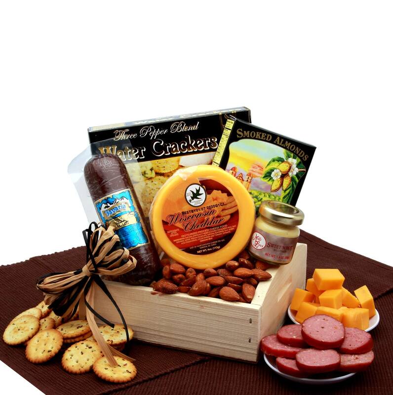 Solid pine gift tray topped with a handmade raffia bow measures 8 x 8 
 and includes  Wisconsin's Best Cheddar cheese round, bavarian beef salami, sweet n hot mustard, smokehouse almonds, and  Three pepper water crackers.