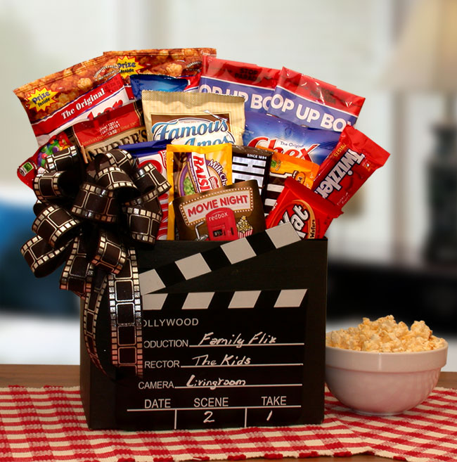 Movie Director's Chalkboard themed gift box holds movie goers favorite mix of snacks and sweets plus a Red Box Gift Card good for 6 movie rentals so the fun can repeat ! 