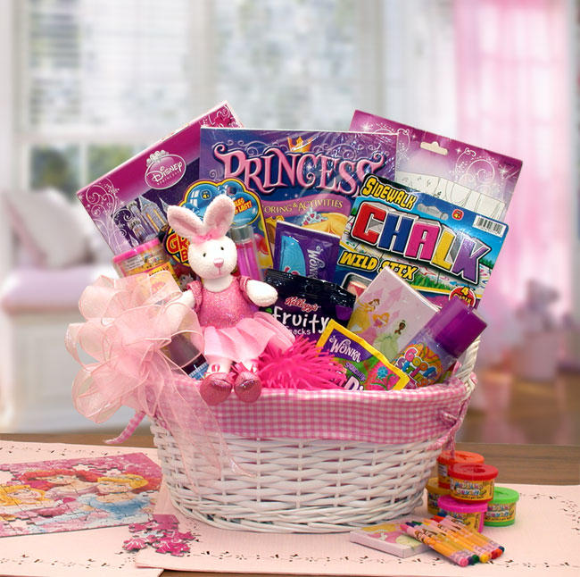 White wicker fabric lined basket includes a plush ballerina bunny,
Disney Princess puzzle, paint set, crayons, coloring book,bubbles,
light up puffer ball,
Silly string, sidewalk chalk and favorite sweet treats. 