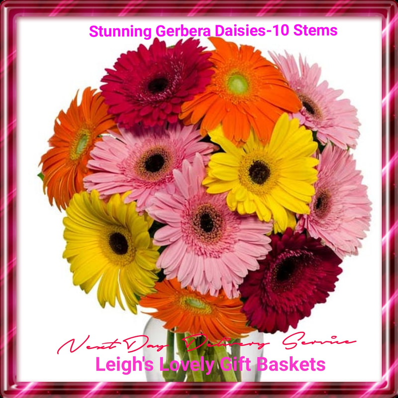 Stunning Gerbera Daisies- 10 Stems 
Beautiful and colorful bouquet of ten Gerbera Daisies in shades of pink, red, orange and yellow. Bouquet ships in a box with a glass vase, flower food packet and Personal Card Message. Flowers ship [pre-bloomed  and will fully bloom in two to three days. Ships in flower box via UPS Overnight Shipping