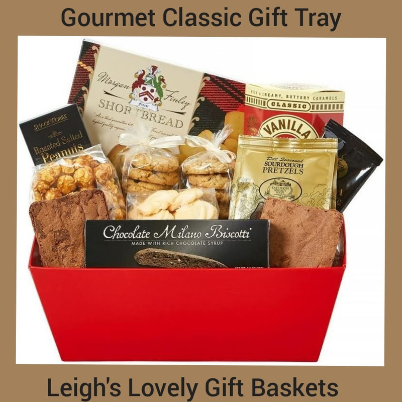  Cheery red market tray is filled with a delectable assortment of  Brownies, Biscotti,Chocolate Chip, Snicker Doodle, Shortbread and
Spritz Cookies,
Roasted Peanuts,
Caramel Corn,
Sourdough Pretzels and
Hot Chocolate Mix. 
Click here to visit Leigh's online gift boutique! Select Gift Baskets from Shop Menu
Select All Gift Basket Gift Ideas
Select Gourmet Baskets/ Box Towers
Select Chocolates, Nuts & Sweets 
