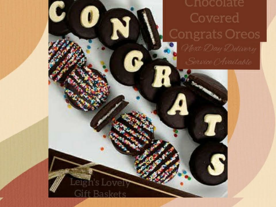 Chocolate Covered Congrats Oreos
Twelve OREO® Cookies are dipped in Belgian chocolate then decorated with  Congrats' Candy Topping and  Rainbow Sprinkles.
 ALLERGEN ALERT: Product contains egg, milk, soy, wheat, peanuts, tree nuts and coconut. 
Ships Overnight via UPS for Next Day Delivery Tues-Fri.  Photo connects to Leigh's online gift boutique 