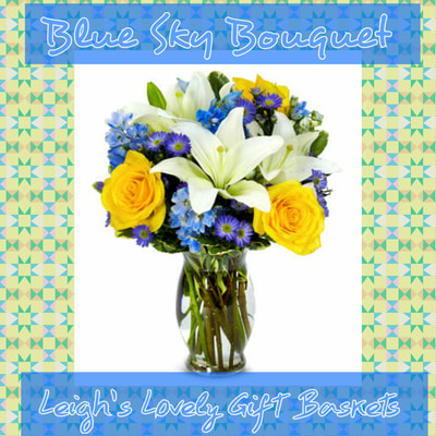 Deluxe Blue Sky Bouquet is dreamy and dramatic with White Asiatic Lilies,Yellow Roses, Blue Delphinium and Purple Monte Casino arranged in a clear, fluted glass vase.  Same Day Delivery Service available Monday- Friday. Order before 10 am EST. 
 