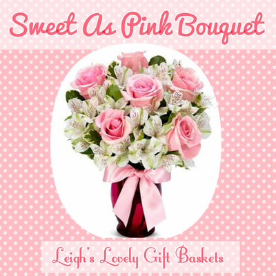 Sweet As Pink  Bouquet  is soft and sweet with Pink Roses and White Alstroemeria in a 
Pink Fluted Vase with decorative ribbon bow. Same Day Delivery Service available Monday- Friday. Order before 10 am EST. 
 