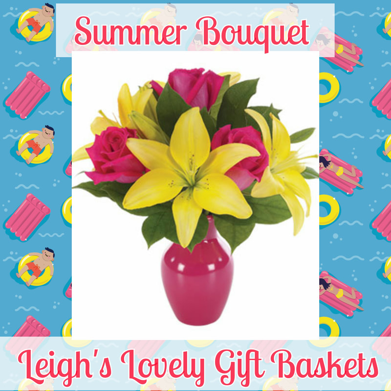 Summer Bouquet  delivers a dramatic statement with Yellow Lilies,Pink Roses in a bright Pink Bud Vase. Same Day Delivery Service available Monday- Friday. Order before 10 am EST. 
 