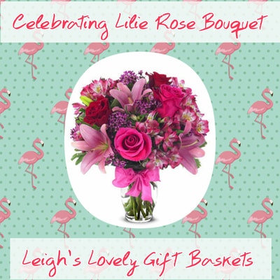 Celebrating Lilie Rose is a symphony of pink and purple with Pink Asiatic Lilies,Pink and Red Roses and  Alstroemeria arranged in a glass vase and tied with a pink ribbon. Same Day Delivery Service available Monday- Friday. Order before 10 am EST. 
 