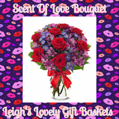 Scent Of Love  Bouquet is full of passion with Red Roses, Purple Alstroemeria and
 Purple Monte Casino in a clear glass vase tied with red ribbon. Same Day Delivery Service available Monday- Friday. Order before 10 am EST. 
 