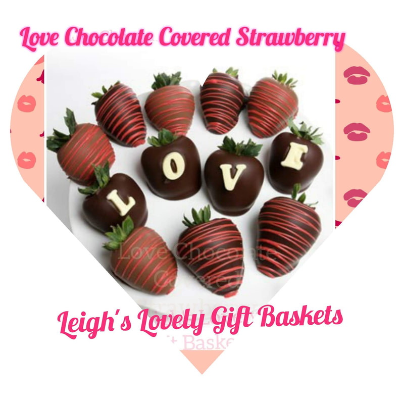  12 delicious dark and milk chocolate strawberries are dipped and then decorated with red tinted chocolate drizzle. 

Includes:
• Twelve Large Strawberries
4 with Chocolate LOVE Message and 4 with Red Decorative Drizzle
• Reusable Cooler . Photo connects to Leigh's Lovely online gift boutique