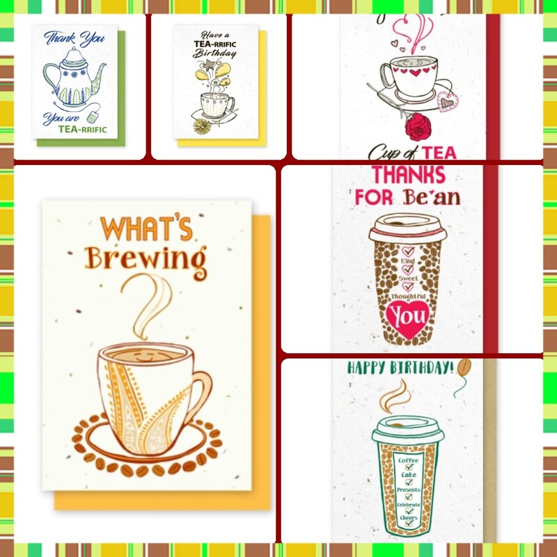Gourmet Java and Tea Greeting Cards are available in a  4-Pack of a single design. Gourmet Java cards are embedded with roasted coffee chaffe. Gourmet Tea cards are embedded with chamomile seeds. Select the Gourmet Java and Tea Cards category. 