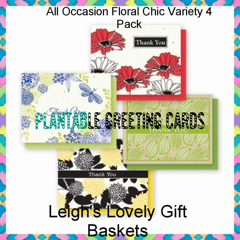 All Occasion Floral Chic Collection offers ten designs in single variety packs of four cards each. Two Multi-Variety  4-Pack includes one of each single design. Cards are embedded with a variety of wildflower seeds. Select the All Occasion Floral Chic category.  
Choose from these multi=variety packs: Gerbera Daisy, Fern, Chrysanthemum and Butterflies and Flowers
OR 
1 All Occasion Hummingbird Hibiscus
1 All Occasion Ginkgo
1 All Occasion Yellow Flowers
1 All Occasion Fern
