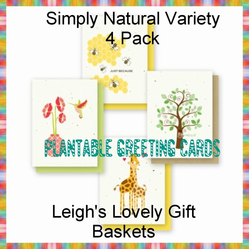Simply Natural Cards includes ten designs with four cards in a single design. Two variety packs include four cards, each in a different design. All cards are embedded with a variety of wildflower seeds. Select the Simply Natural Collection category. 
One variety pack includes 
1 Just Bee-cause
1 Hello Owl
1 Giraffes in Love
1 Hummingbird Flower Vase
Another Variety Pack includes:
 1 Thanks a Bunch
1 Thinking of You Butterflies
1 Happy Birthday Cupcakes
1 Happy Birthday Bird