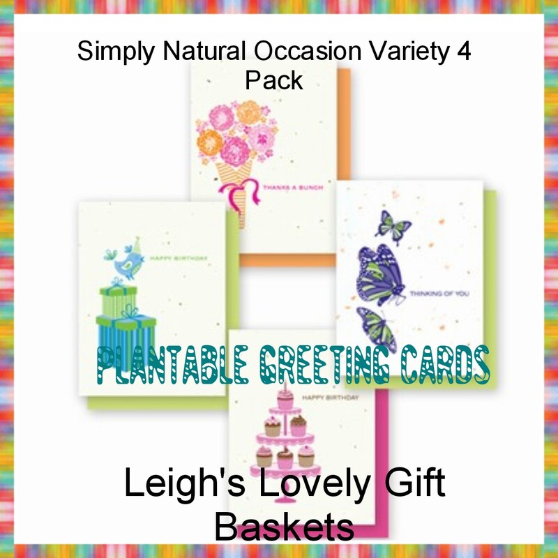 Simply Natural Cards includes twelve designs with four cards in a single design. Two variety packs include four cards, each in a different design. All cards are embedded with a variety of wildflower seeds. Select the Simply Natural Collection category. This variety pack contains:

1 Thanks a Bunch
1 Thinking of You Butterflies
1 Happy Birthday Cupcakes
1 Happy Birthday Bird