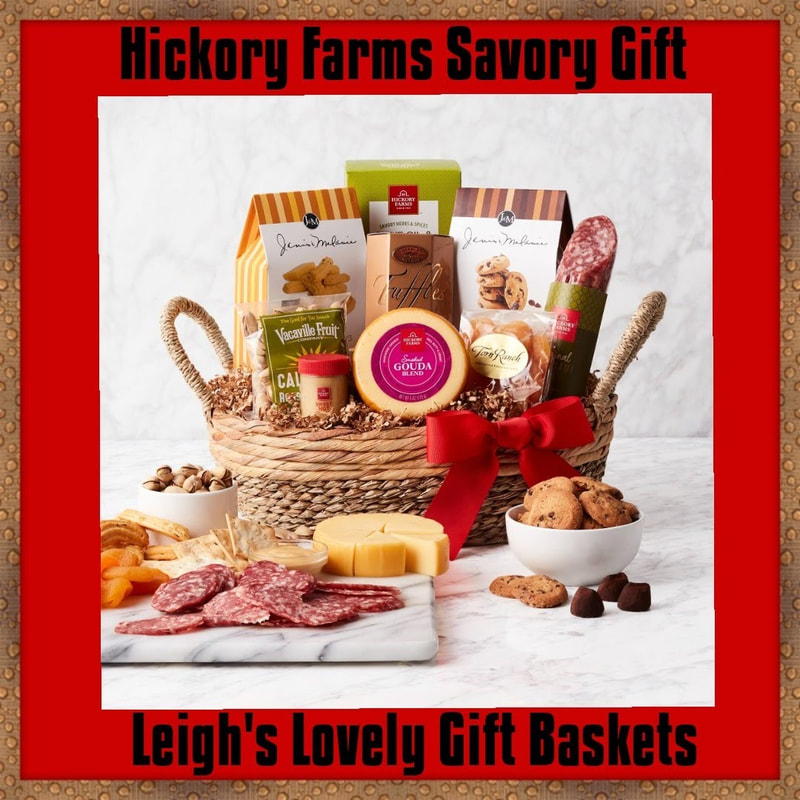 Natural wicker basket with double handles includes  Gourmet Cheese Crackers, Cookies, Salami, Dried Fruit,   California Nuts,  Spicy Mustard, French Truffles, and Cheese Straws. 