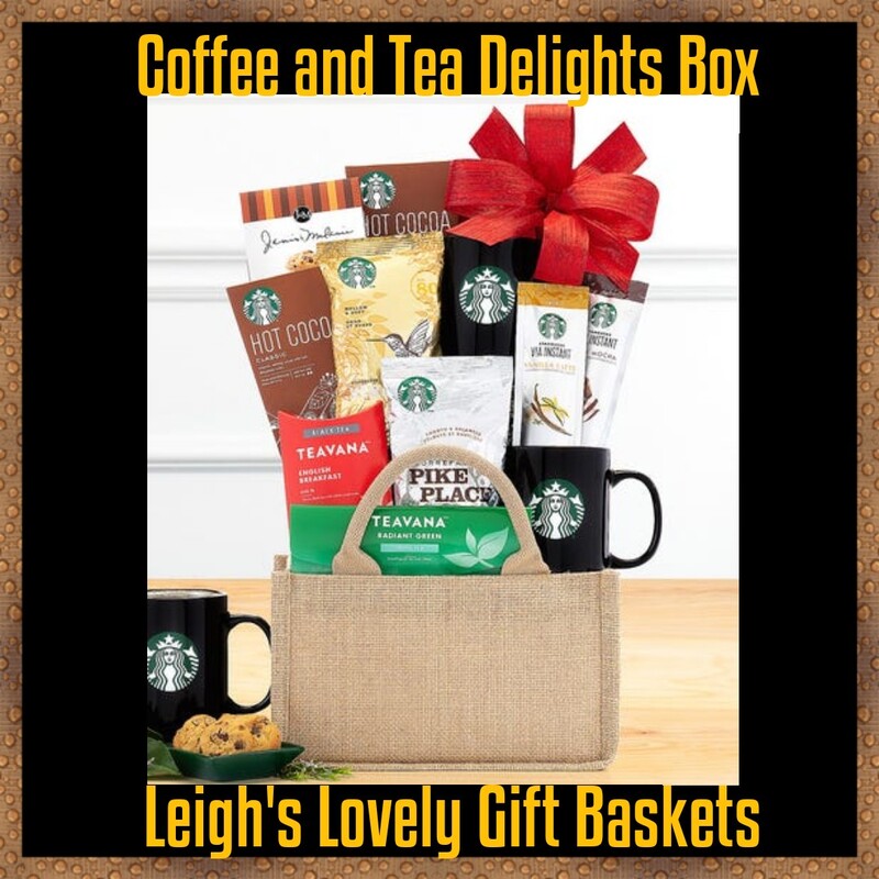 Coffee and Tea Delights Box 
Natural woven gift tote style gift basket holds a delightful assortment of Starbucks hot beverages, logo mug and sweets. Includes Starbucks  Pike Place Roast and Veranda Blend  Ground Coffee, Chocolate Chip Pecan Cookies,  Starbucks Hot Cocoa, Teavana English Breakfast and Radiant Green Tea, Starbucks VIA Latte Caffe Mocha and Vanilla Latte, Starbucks Coffee Mug  and Personalized Card Message .
​Select Gift Baskets from the Shop Menu
Select All Gift Basket Gift Ideas 
Select Starbucks, Godiva, Coffee &Tea Gifts