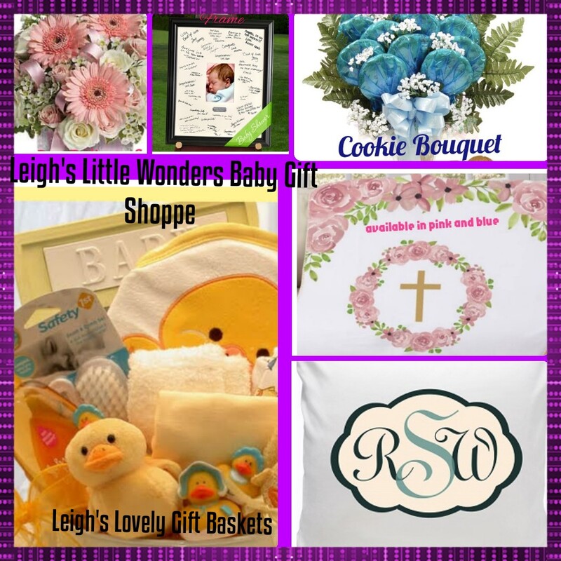 Baby gift ideas : fresh flower arrangements, cookie bouquets, themed baby gift baskets and personalized decor items and blankets. Click here to connect to Leigh's Little Wonders Baby Gift Shoppe Page.