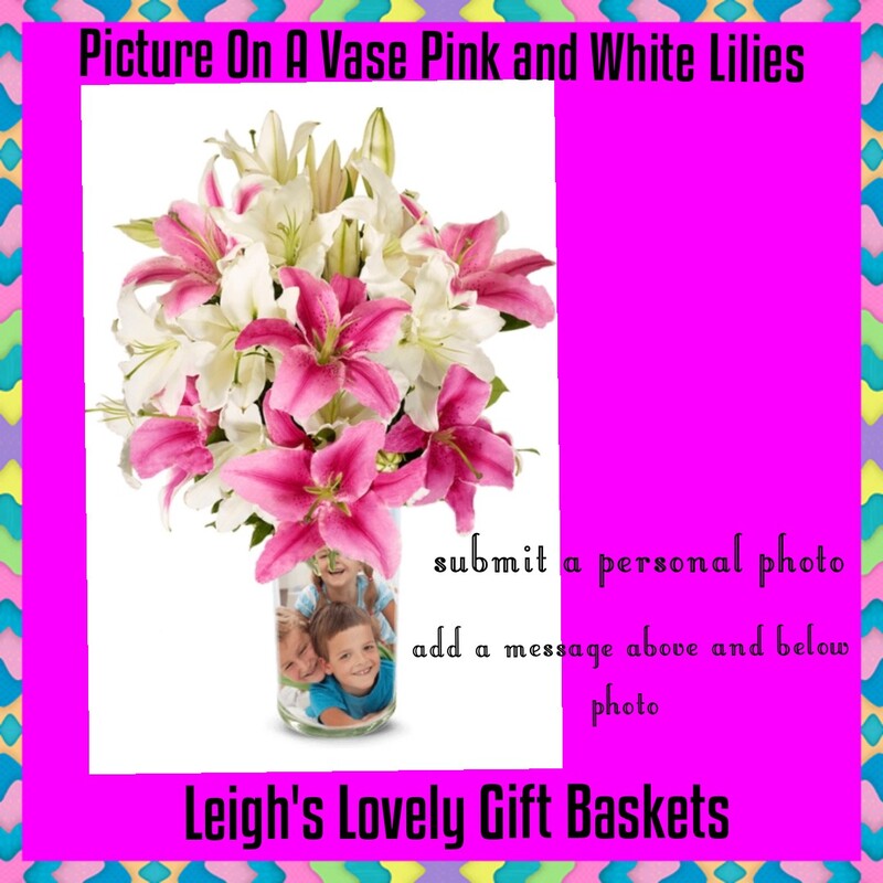 Create an unforgettable gift that will be used many years! Email a photo to La Bella Baskets and personalize a message. Beautiful bouquet of pink and white lilies completes the look. Ships Overnight via UPS. 