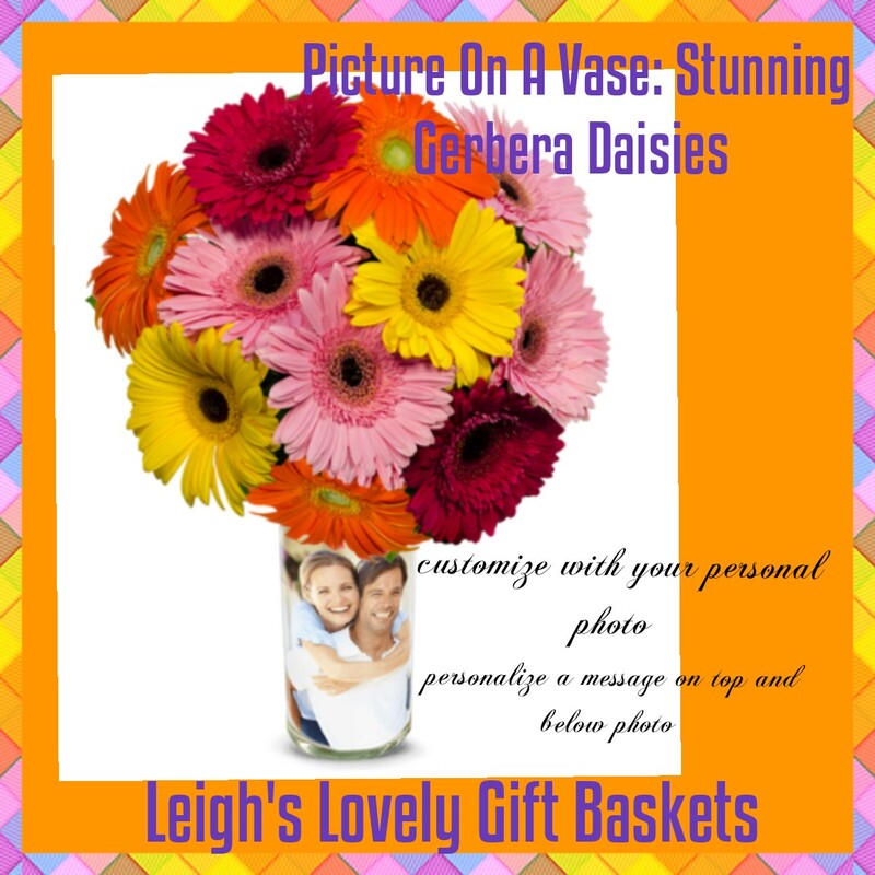Create a truly unforgettable gift when you email a photo to La Bella Baskets, include a personalized message above and below the photo. A stunning bouquet of colorful Gerbera Daisies completes the gift. Ships Overnight via UPS. 