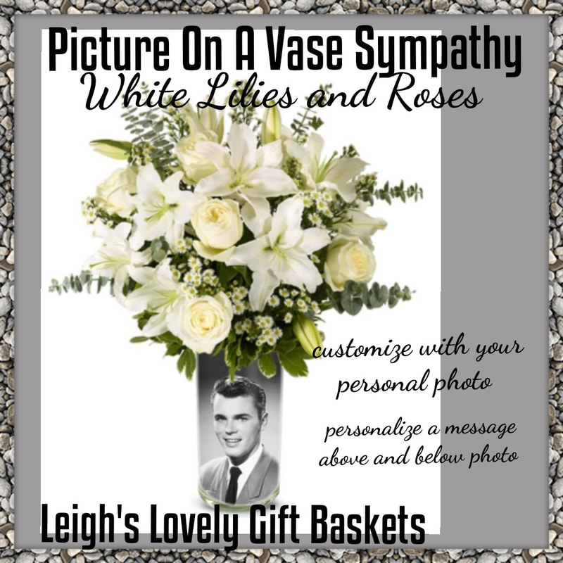 Create a serene and unique tribute to a loved one with this personalized photo vase. Email your photo to La Bella Baskets and create a personalized message to be placed above and below the photo. Stunning bouquet of white lilies and roses is a perfect finish! Ships Overnight via UPS 