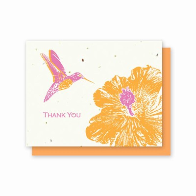 Orange, Hot Pink and white card with Hummingbird and Hybiscus Print. 5 pack of cards. Photo Link