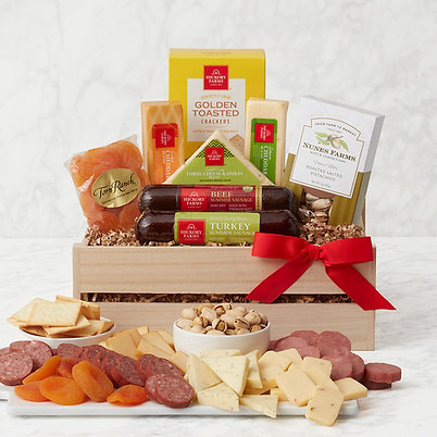 Charcuterie and Snacks Gift Crate

Smoky, spicy, and savory, this gift has a delicious combination of flavors that pair perfectly. Two types of sausages are deliciously complemented by savory cheeses, and along with the flavor and crunch of crackers and nuts, plus a touch of sweetness for a delicious charcuterie board anyone can enjoy.

Contents (1) 1.5 oz Golden Toasted Crackers, (1) 4 oz Smoked Cheddar Blend, (1) 3 oz Sea Salt Pistachios, (1) 3 oz Turkish Apricots, (1) 4 oz Jalapeño Cheddar Blend, (1) 4 oz Three Cheese and Onion Blend, (1) 5 oz Sweet and Smoky Turkey Summer Sausage, (1) 5 oz Signature Beef Summer Sausage