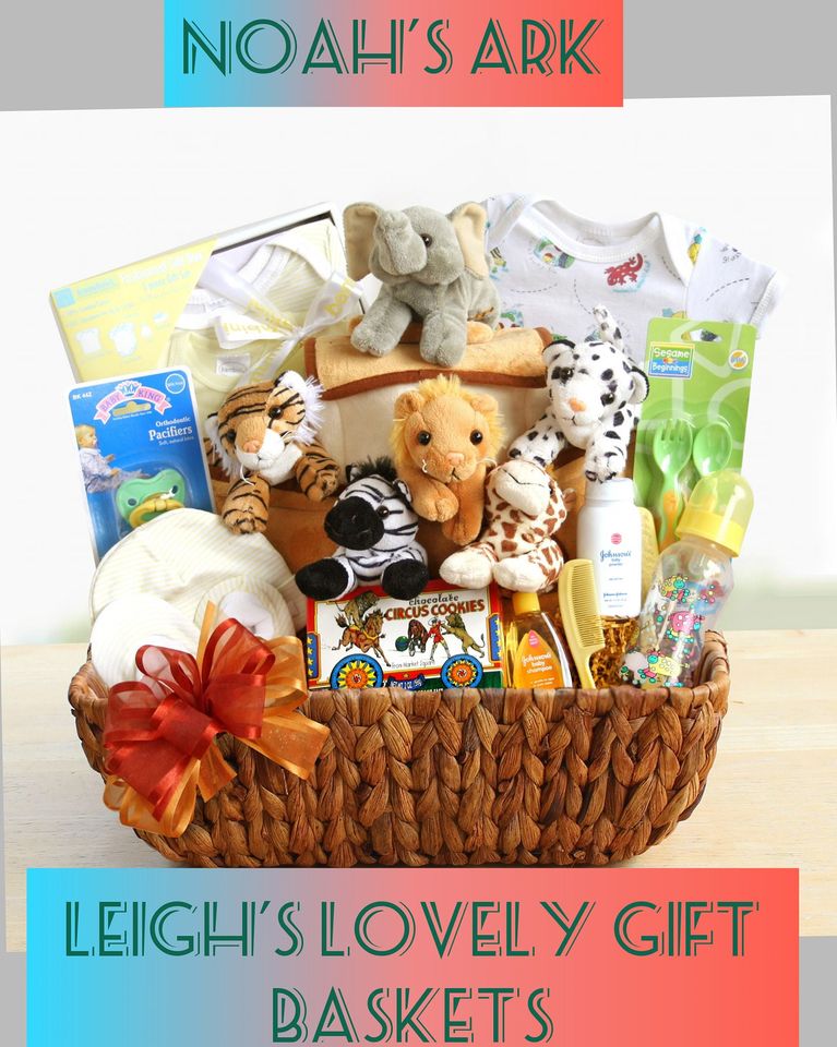 Large, natural  stain basket with animal theme holds a treasure of gifts for baby! Includes 6 cuddly animals,  baby bib, t-shirt, hat, baby bottle, set of pacifiers, a fork and spoon set, Johnson's shampoo and baby powder, and circus animal cookies. 