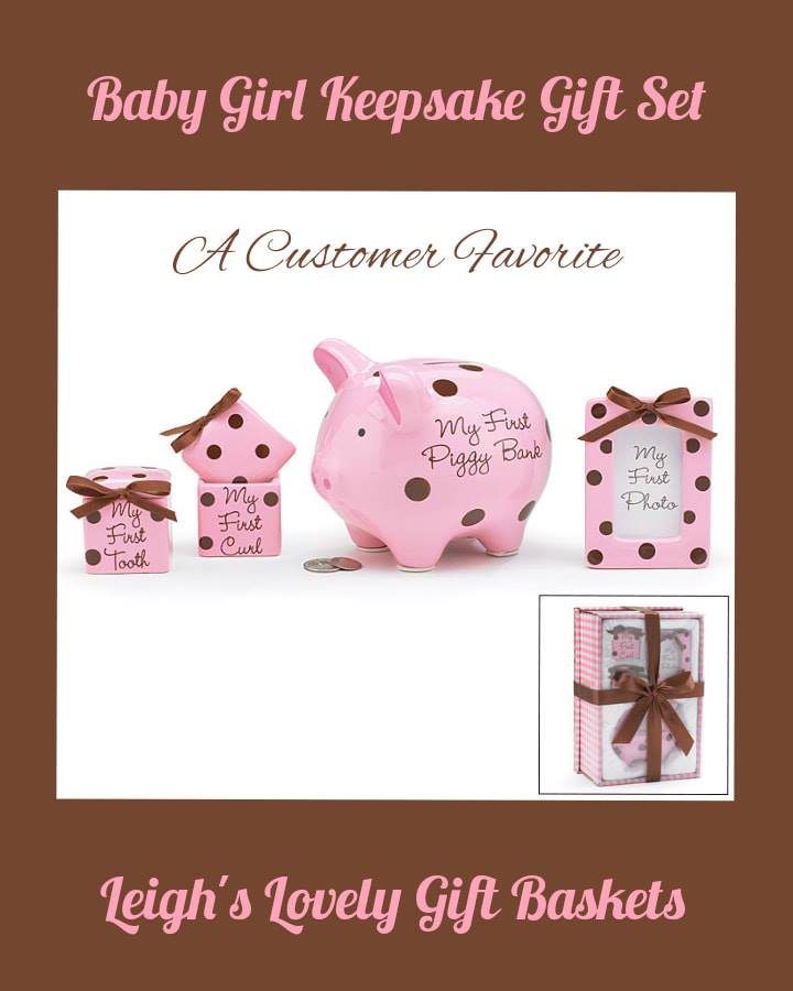 Pink, hand painted ceramic keepsake items for Baby include My First Tooth Keepsake Box,
My First Curl Keepsake Box,
4x3 Photo Frame and  Piggy Bank.
