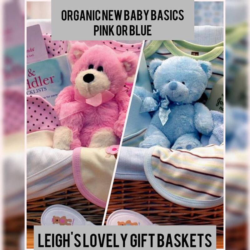 Natural willow basket holds luxurious organic baby gifts! Includes  organic baby shirt, baby beanie, baby bib, baby booties, baby receiving blanket, Baby and Toddler checklists book, Johnsons 100% Natural head to toe wash,
baby brush and comb set and a 
plush baby teddy bear

