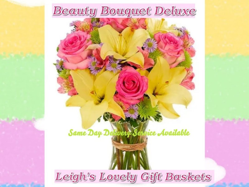 Beauty Bouquet Deluxe is definitely a beauty to behold with Yellow Lilies,
Pink Roses, Pink Alstroemeria, Green Poms ,and Purple Monte Casino arranged in a clear gathering vase. Arranged and delivered by a local network florist for Same Day Delivery Monday through Friday.