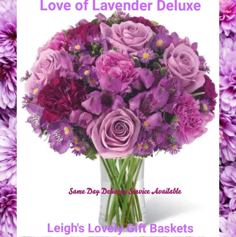 Love Lavender? The  Love of Lavender bouquet includes purple and lavender roses, alstroemeria, carnations and monte casino arranged in a clear 
Cylinder Vase. Hand Delivered by a local network florist for Same Day Delivery Service during normal business hours. 