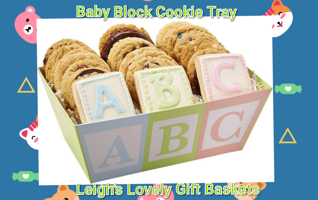 Adorable block themed tray is filled with delicious assorted gourmet cookies and three frosted block cookies that match the tray. Reusable tray will be a handy addition to the baby's nursery or toy  area! 