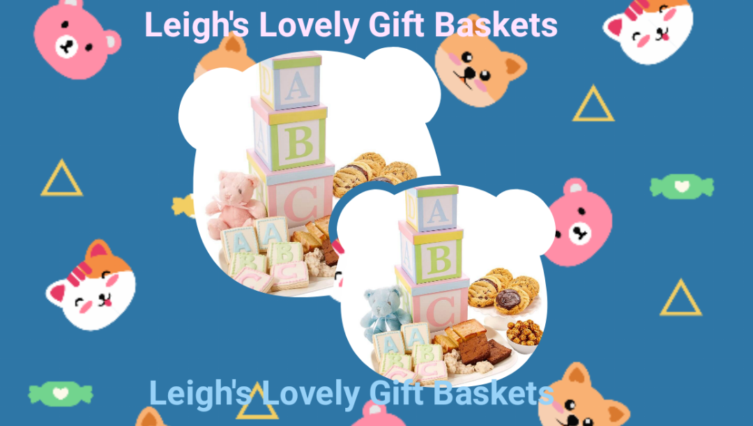 Beautiful pastel block themed gift tower filled with cookies and sweets for the family and a pink or blue Plush Teddy Bear Rattle. Tower includes
cutout block cookies, assorted gourmet cookies, 
 Brownie Squares,
Mini loaf of Vanilla Pound Cake, Dipped Pretzel Clusters, and
Caramel Corn