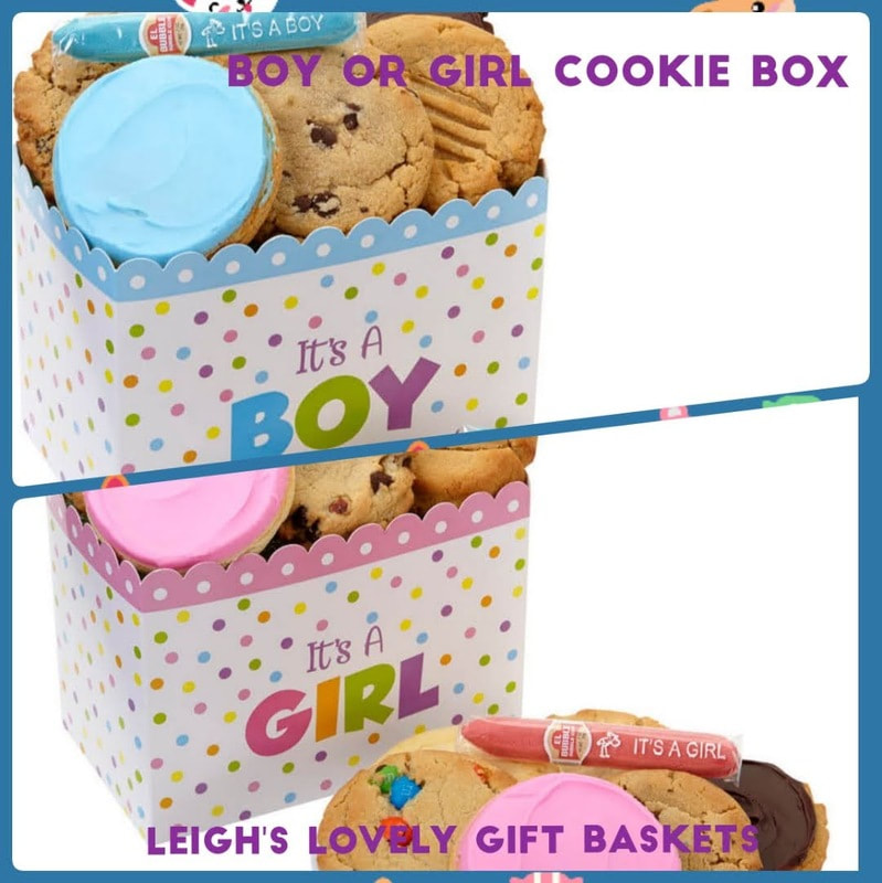 Welcome the new baby with this pastel dots gift box with scalloped edge.  
Filled with assorted gourmet cookies, two buttercream frosted cookies ( pink or blue) and two bubblegum cigars ( pink or blue ) 