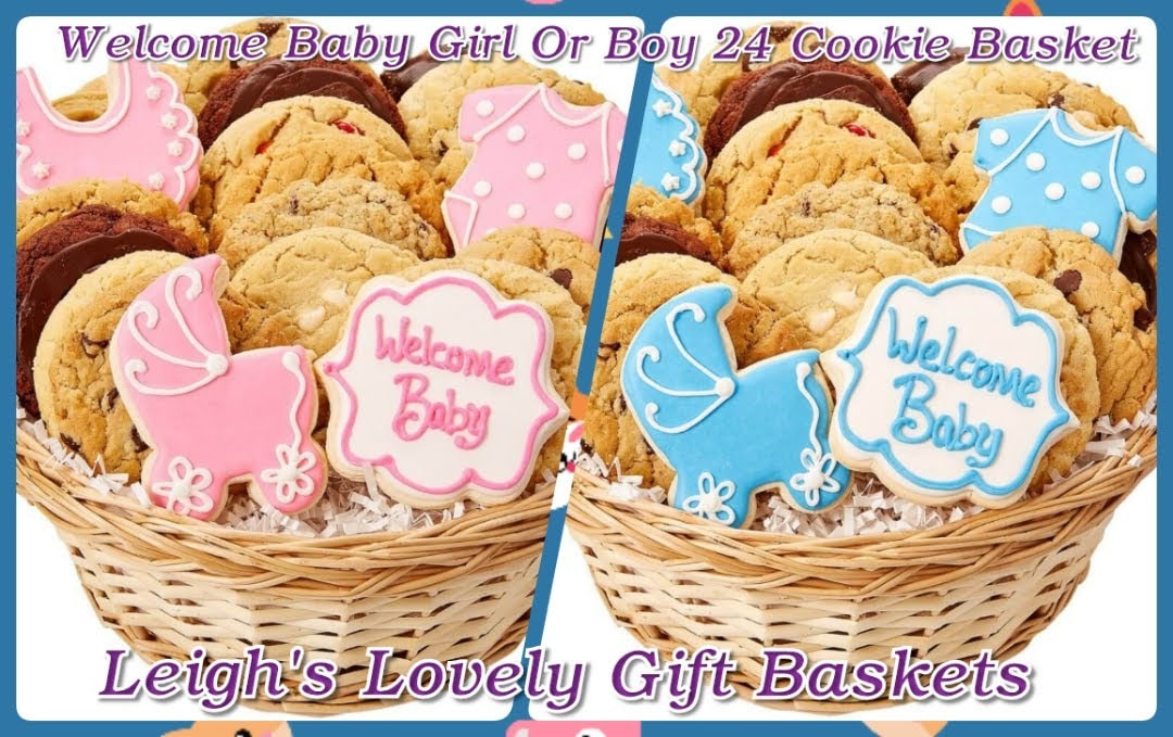 Generously sized basket holds two each of ten varieties of assorted gourmet cookies and one each of frosted buttercream cutout cookies in shaped of bib, carriage and onesie in pink or blue. Also available in a 12 Cookie Basket in the Cookies/Baby category. 