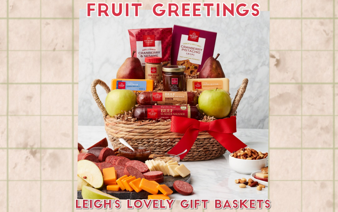 The Fruit Greetings Gift Basket offers a sampling of Fresh Apples, Fresh Pears, Spread, Sausage, Gourmet Cheese, Spicy Mustard, Crackers, and Snack Miix arranged in a lovely woven basket with double handles. 