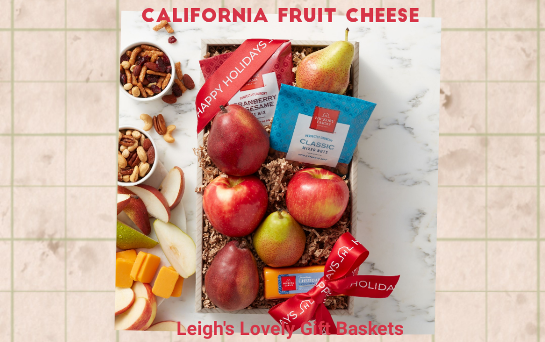 California Fruit Cheese GIft Box  holds a delightful assortment of fresh fruit and snacks including Fresh Pears ,Fresh Apples, Gourmet Cheese, Dried Fruit and Nut Mix 
