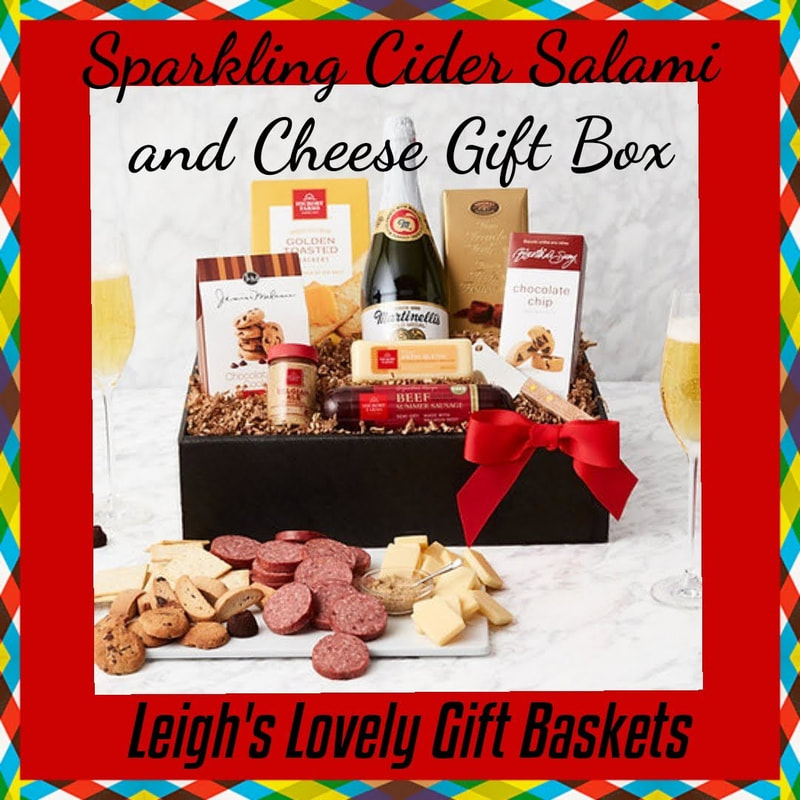 Sparkling Cider Salami and Cheese Gift Box
Sleek black gift tray holds everything for a private party for special celebrations! Includes a bottle of
Non-Alcoholic Cider, Mustard, Crackers, Gourmet Cheese, Sausage, French Truffles, Biscotti, Cookies, and a Cheese Spreader.
Click here to visit Leigh's online gift boutique!  Select Gift Baskets from the Shop Menu
Select All Gift Basket Gift Ideas
​Select Wine & Beer Baskets