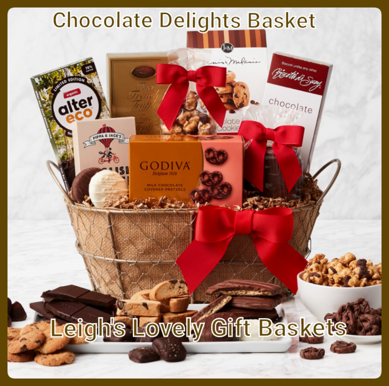 The Chocolate Delights Basket is a lined, rustic wire basket trimmed with a red bow and filled with a delightful medley of chocolate treats including French Truffles,Cookies, Chocolate Bar,Milk Chocolate Covered Oreos, White Chocolate Covered Oreos, Chocolate Dipped Graham Crackers, Biscotti, Caramel Popcorn, Chocolate Dipped Pretzels and English Toffee. 
Click here to visit Leigh's online gift boutique!  Select Gift Baskets from Shop Menu
Select All Gift Basket Gift Ideas
Select Gourmet Baskets/ Box Towers
Select Chocolates, Nuts & Sweets 