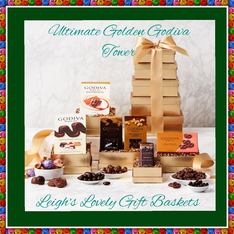 Ultimate Golden Godiva Tower is a treasure for the chocolate lovers on your gift list for any occasion. Gold foil gift boxes are tied with an elegant matching gold ribbon bow. Includes these Godiva favorites:  Chocolate Almonds, 2 Piece Truffles,Signature Biscuits, Chocolate Mini Pretzels, and  Truffles.
Clilck here to visit Leigh's online gift boutique! Select Gift Baskets from the Shop Menu
Select All Gift Basket Gift Ideas
Select Gourmet Baskets & Box Towers
Select Gift Towers