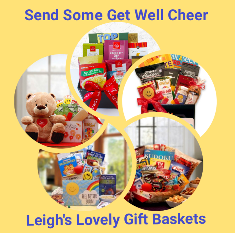 Photo collage link to Leigh's Shopping website. Get Well Gift Baskets and Gift Boxes are featured 