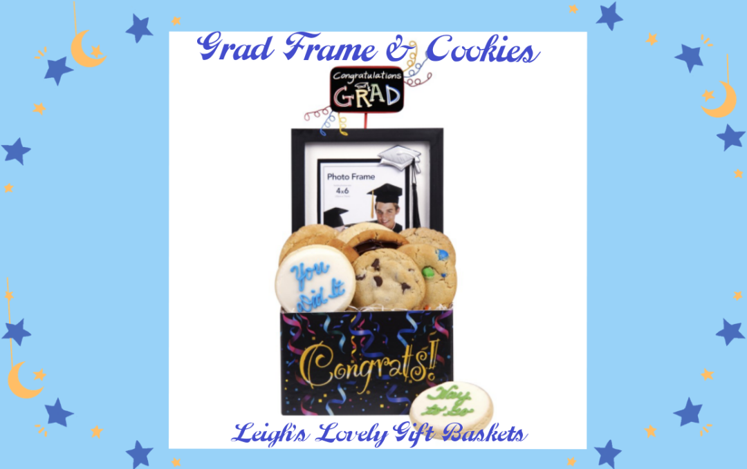 Collage link to Leigh's Shopping Website. Graduation  " Congrats " themed gift box with two  frosted Buttercream cutout cookies with congratulatory messages  and 10 gourmet  flavored cookies. A picture frame matted for a 4x6 inch photo with a cap and tassel 
 design is also included. 