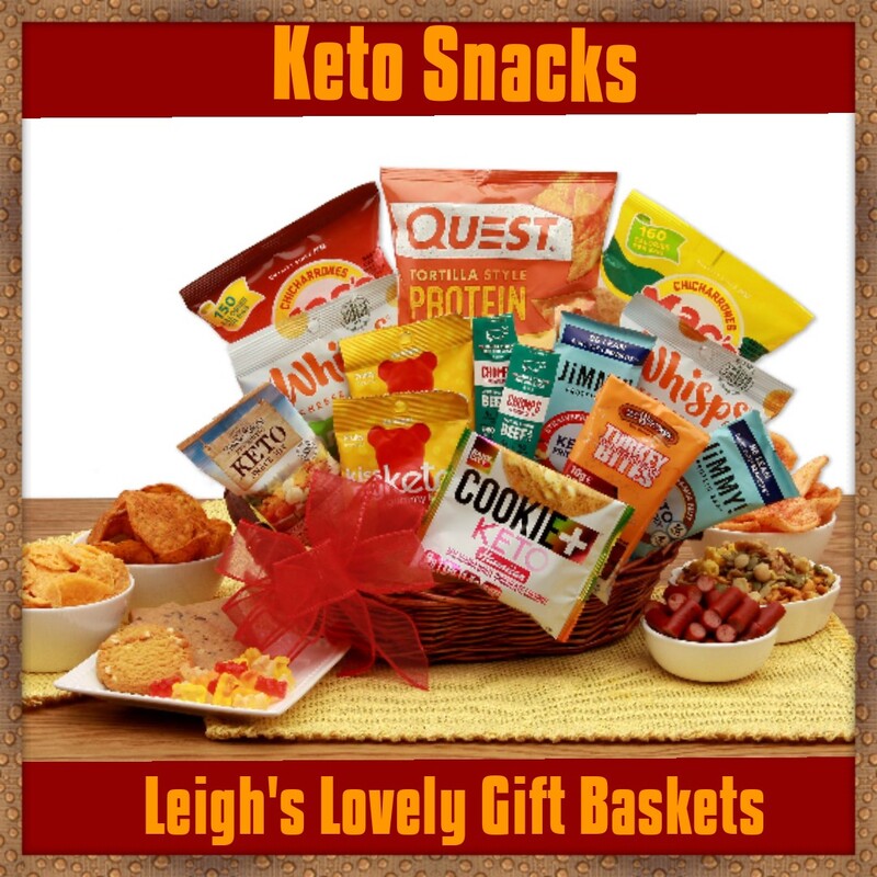 Twelve inch,  stained oval basket holds a medley of Keto Friendly snacks. Includes 
Quest Protein chips,
Keto Snack Mix,
Macs Red Hot Pork Skins, Macs Original Pork Skins,
Turkey Bites,
Jimmy Macadamia Protein Bar,
Jimmy Strawberry chocolate protein bar,
2 Chomps beef sticks,
2 Keto Gummy Bears,
Cheddar Whisps crackers,
Asiago Whisps crackers, and 
Keto Cookie white chocolate macadamia 