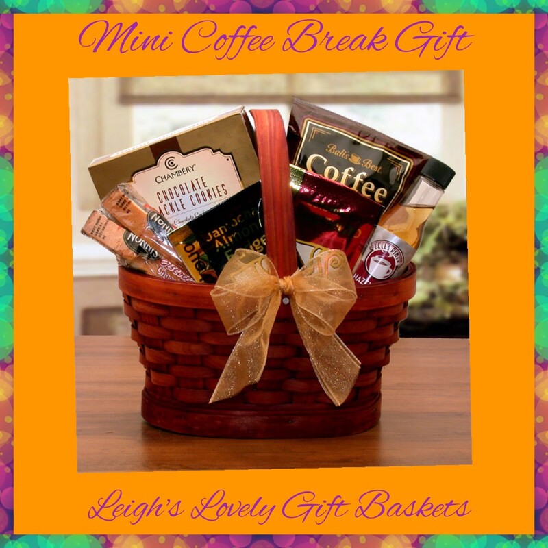 Mini Coffee Break Gift
Give this coffee themed gift basket for any occasion! Stained, woven mini basket with handmade gold sheer bow holds a delightful assortment of coffee and snacks . 
 
Includes: Double Chocolate crackle cookies, chocolate covered biscotti, Jamocha Almond Coffee and Columbian Coffee * both make an 8 cup pot,) Hazelnut coffee syrup and coffee candy . ​Select Gift Baskets from the Shop Menu
Select New Gift Arrivals By Occasion 
Select Gourmet Chocolate & Fruit Gifts 