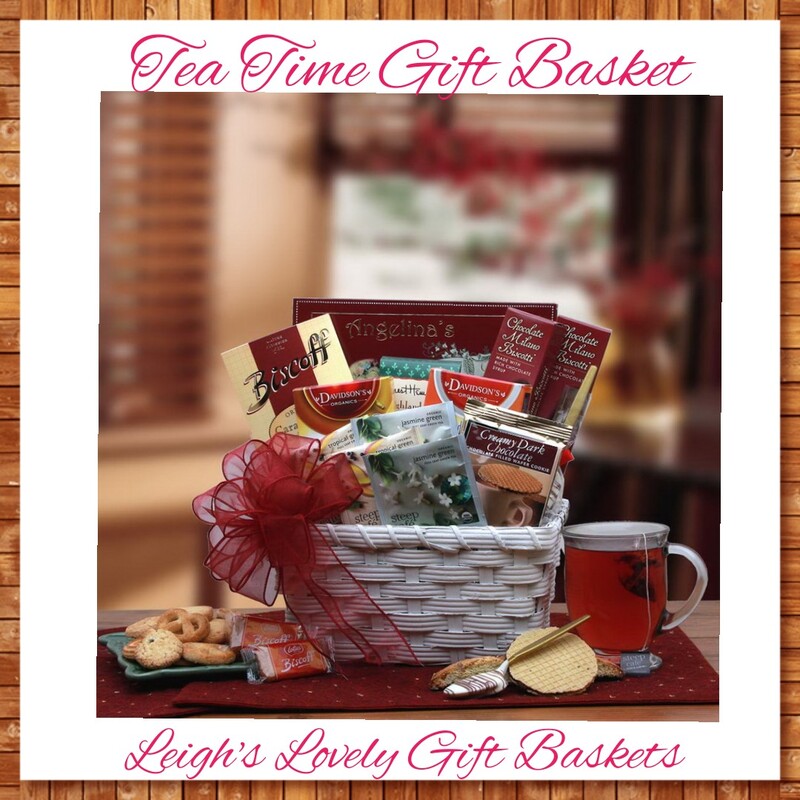White woven basket with red sheer bow holds an assortment of relaxing herbal teas and sweets that are perfect for any occasion!  Includes: Biscoff butter wafer cookies, Angelina's assorted tea cookies, chocolate biscotti, chocolate covered stirring spoon, Jasmine Green, Tropical Green tea, Vanilla Spice tea, Herbal Chai tea, Hemingway Select Green tea, and chocolate filled waffle cookie.  ​Select Gift Baskets from the Shop Menu
Select New Gift Arrivals By Occasion 
Select Gourmet Chocolate & Fruit Gifts 