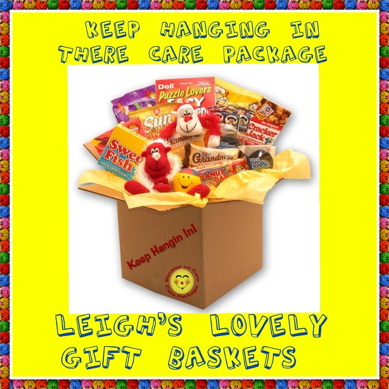 Keep Hangin' In There Care Package  
Send this cheerful and fun care package when your student is feeling homesick or under the weather. Plush monkeys,Crossword book, candy, snacks, cookies,
and a Smiley face stress ball .